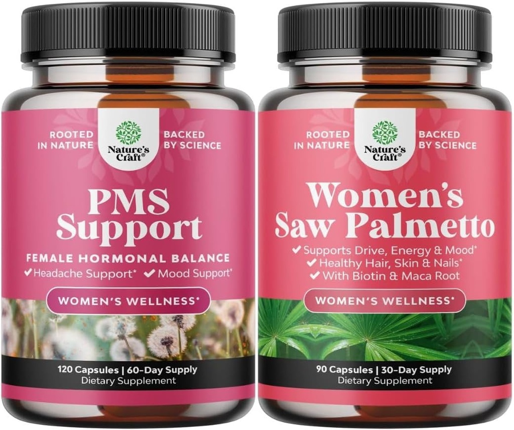Bundle of Advanced PMS Support Supplement for Low Energy Mood Support Period Cramps and Bloating Relief for Women and Extra Strength Saw Palmetto for Women - DHT Blocker Thickening Hair Vitamin