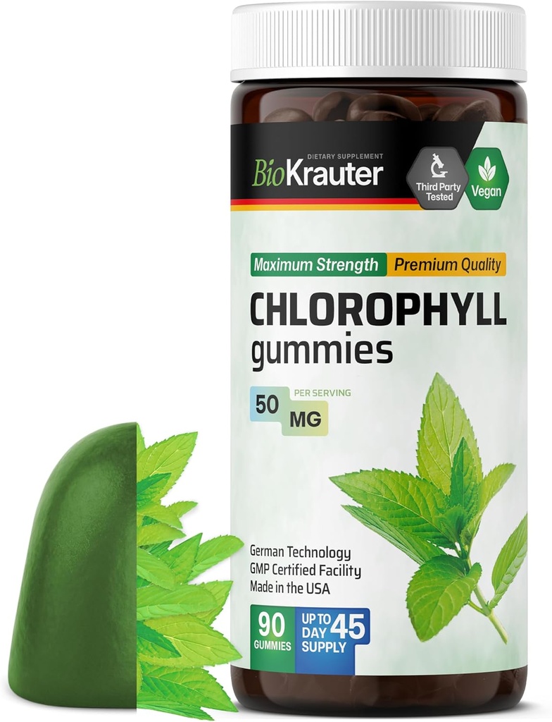 BIO KRAUTER Chlorophyll Gummies - 90 Chews - Chlorophyll Supplements - Natural Skin & Detox Support - Vegan, Pectin Based, Non-GMOs Chews