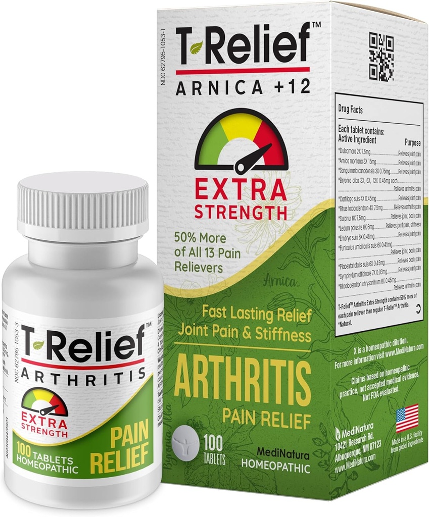 T-Relief Extra Strength Arthritis Pain Reliever Arnica +12 Natural Medicines for Joint Soreness Stiffness Aches, Quick Dissolving Pain Relief for Women & Men - 100 Tablets