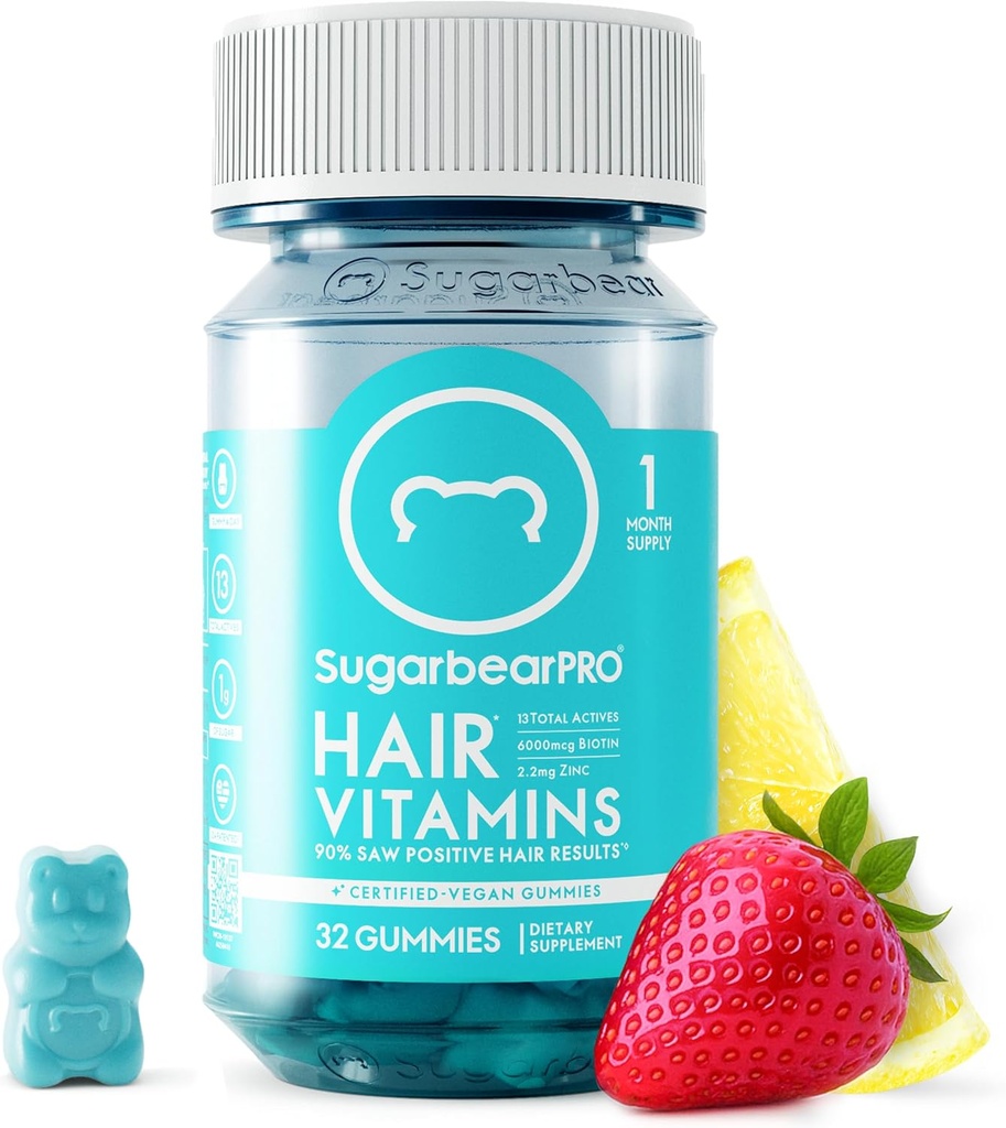 SugarBearPro Hair Vitamin Gummy 1 Month Supply Extra Strength Biotin 6000mcg, Growth for Men & Women, Vegan Vitamin B12, MSM, Inositol, Omega 3, Elderberry, Certified Kosher, Halal, Cruelty-Free