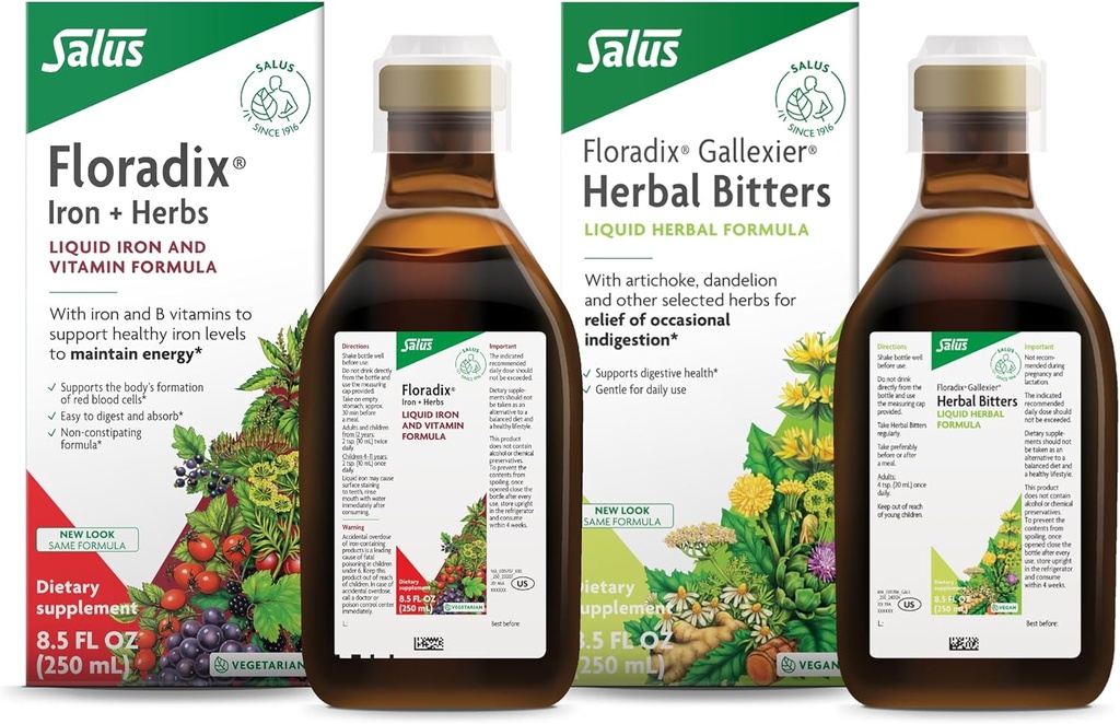 Floradix by Salus Gallexier Herbal Bitters (8.5 oz) & Iron & Herbs (8.5 oz) Bundle - Herbal Bitter for Digestive Support* - Iron Supplement for Healthy Energy Support*