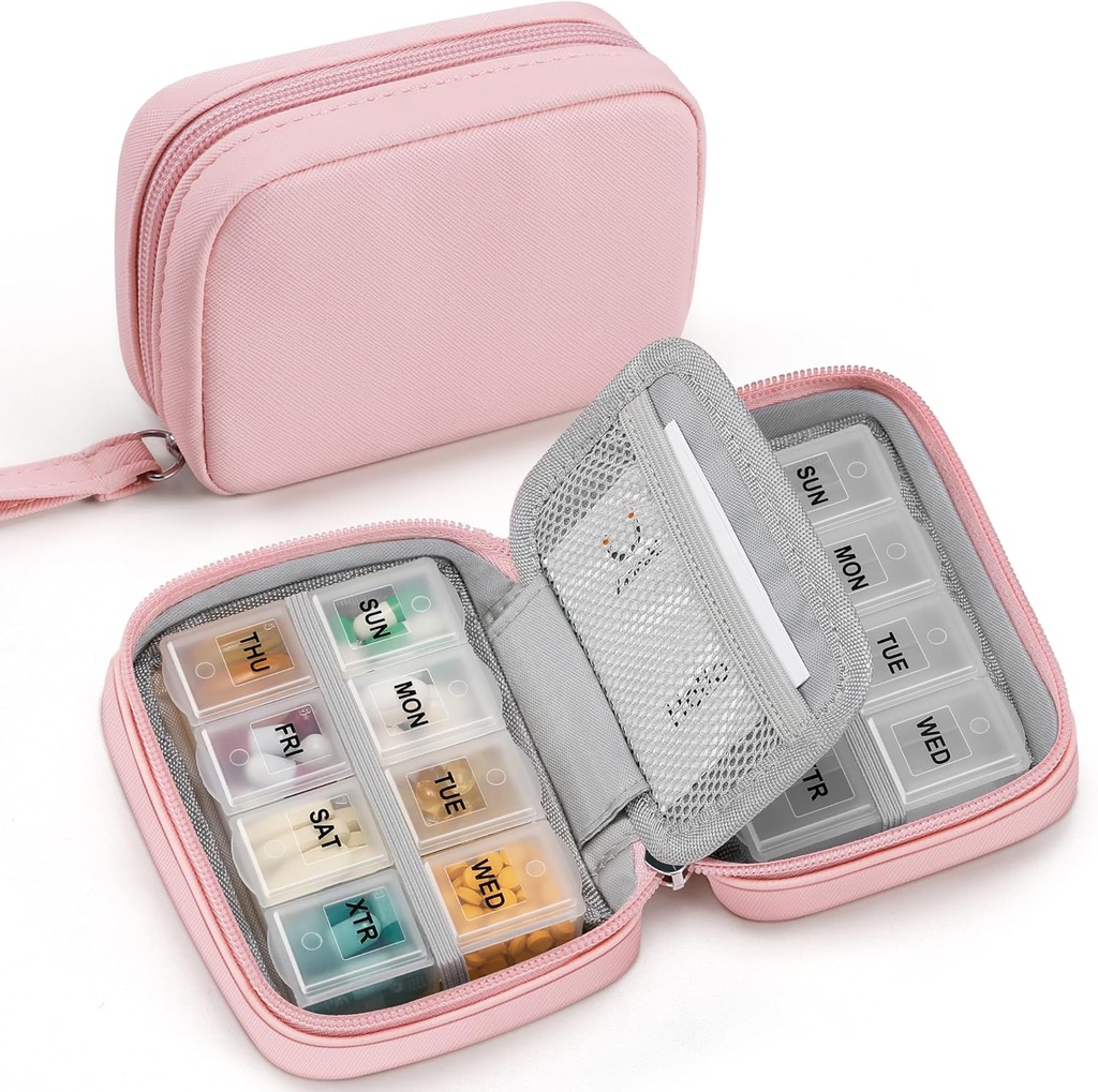 Zannaki Cute Pill Organizer for Purse with Two Removable 7-Day Pill Box, Travel PU Leather Pill Case, Portable Weekly Pill Container with Storage Bag to Hold Vitamins, Fish Oils, Supplements (Pink)