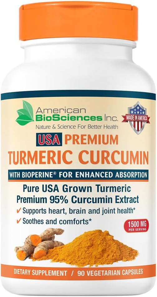 Pure USA Grown Premium Turmeric Curcumin with BioPerine 1500mg - 95% Standardized Curcuminoids & Black Pepper Extract for Enhanced Absorption - Natural Joint Support - 90 Capsules