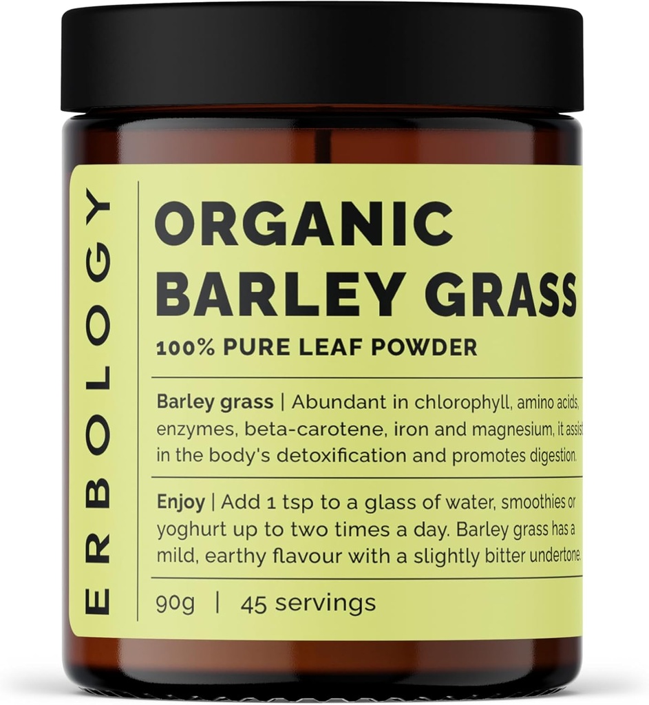 Erbology Organic Barley Grass Powder 3.2 oz - 45 Servings - Body Cleansing and Gut Health Support - Rich in Chlorophyll, Iron and Magnesium - Sustainably Sourced in Europe - Vegan - GMO-Free