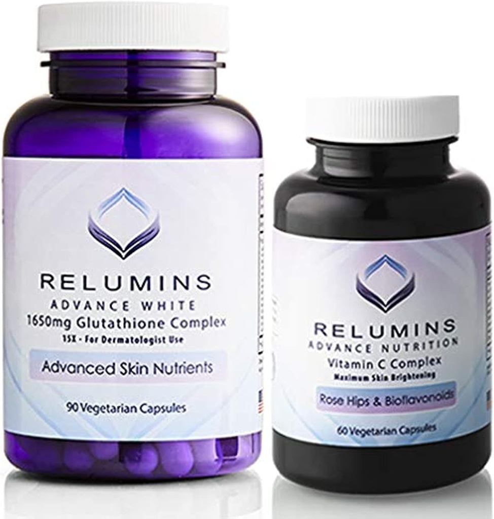 Relumins Advanced White Set - 1650mg Glutathione Complex (90 Capsules) and Advanced Vitamin C with Rose HIPS and Bioflavonoids (60 Capsules) Bundle