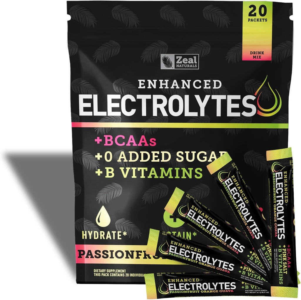 Enhanced Electrolyte Powder Stick Packs (Passionfruit Orange Guava | 20 Packets) w/ 0 Sugar +BCAAs +B-Vitamins Electrolyte Supplement w Potassium Zinc & Magnesium for Hydration - Keto Electrolytes