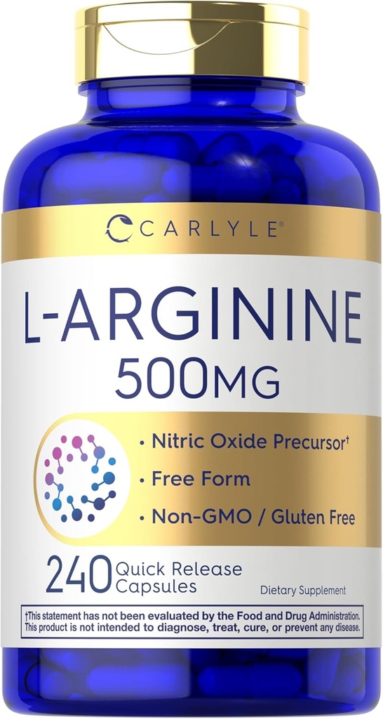 Carlyle L-Arginine 500mg Capsules | 240 Count | Free Form | Non-GMO & Gluten Free Supplement