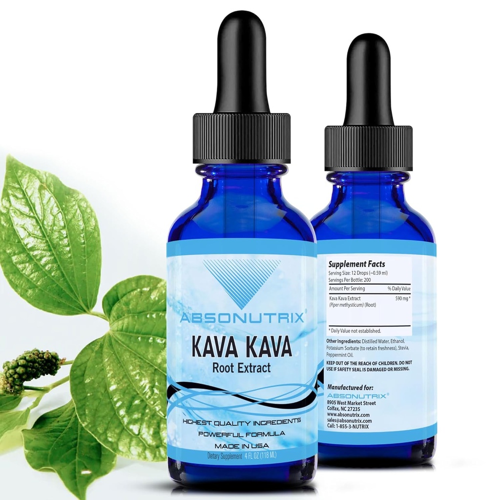 Absonutrix Kava Kava Root Extract Liquid Form 590 mg per serving 4 Oz, Made in USA, Quick Absorption, Quality Potent Ingredients, Non-GMO, GMP Certified Facility, Cruelty-Free Products