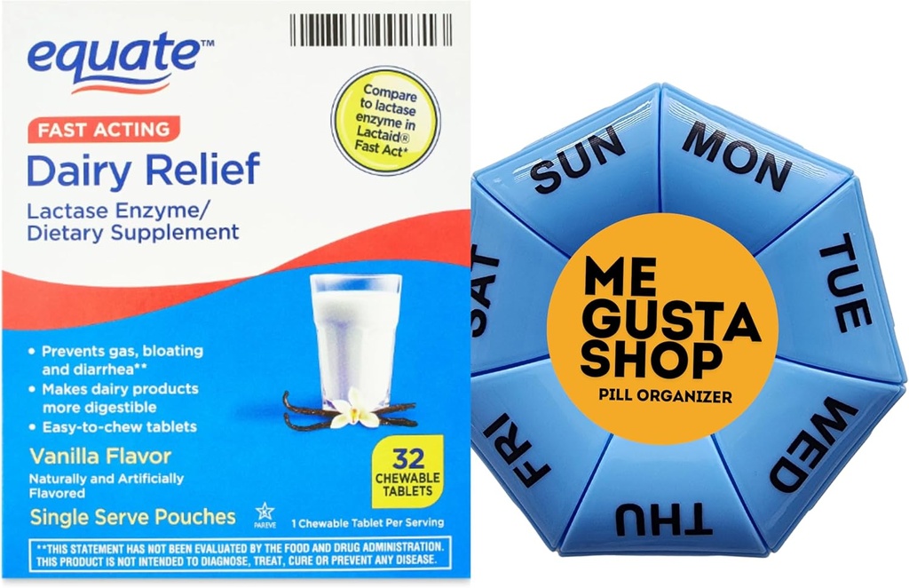 Equate Fast Acting Dairy Relief Lactase Enzyme Dietary Supplement Vanilla Flavor chewables Tablets 32 Count Includes Pill Organizer