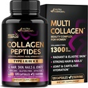 Multi Collagen Peptides - Hydrolyzed Types I, II, III, V & X - Collagen Supplement for Women 1300mg - w/ Hyaluronic Acid, Vitamins C & E - Skin, Hair, Nails & Joint Support - Made in USA, 120 Capsules