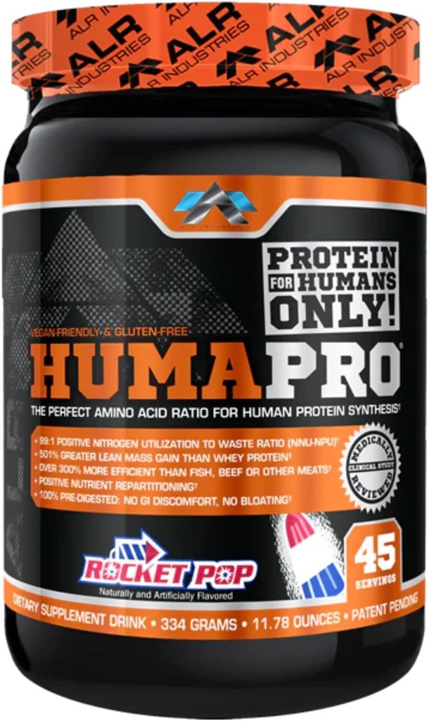 Humapro | Amino Acids Protein Matrix for Humans | 99% Utilization for Lean Muscle | Vegan, Gluten Free | 334g / 45 Servings (Rocket Pop)