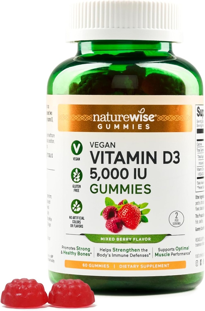 NatureWise Vitamin D3 5000 IU Gummies - Mixed Berry Flavor - Vegan D from Lichen, Pectin Based, Immune Support for Adults, Muscle & Bone Strength - Gluten Free, Non-GMO - 60 Count[1-Month Supply]