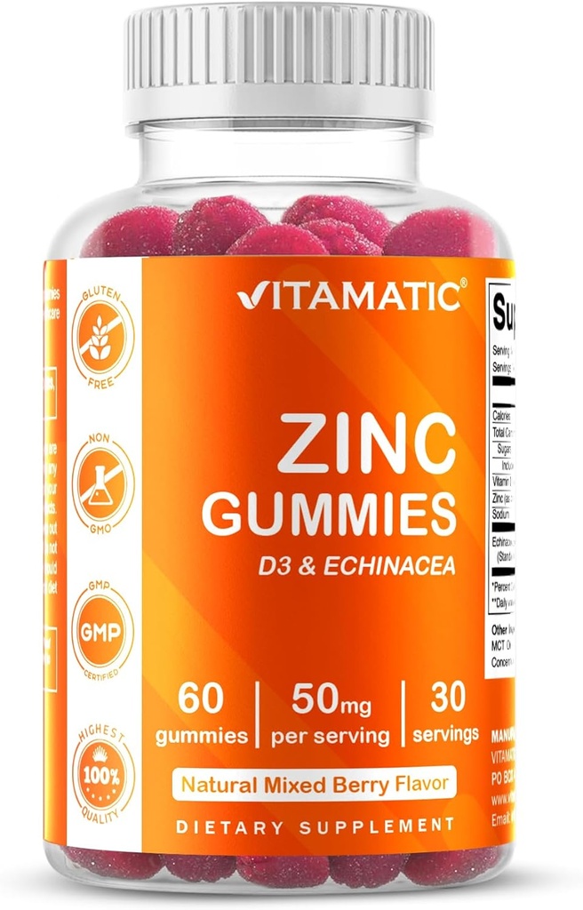 Vitamatic Zinc 50mg Gummies – 60 Vegan Gummies Gluten Free – Healthy Immune Support for Adults, Men & Women