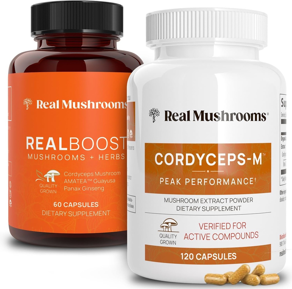 Real Mushrooms RealBoost (60ct) and Cordyceps (120ct) Capsules Bundle - Mushroom Supplement for Energy, Vitality & Endurance - Energy Vitamins w/Ginseng, Guayusa - Vegan, Non-GMO