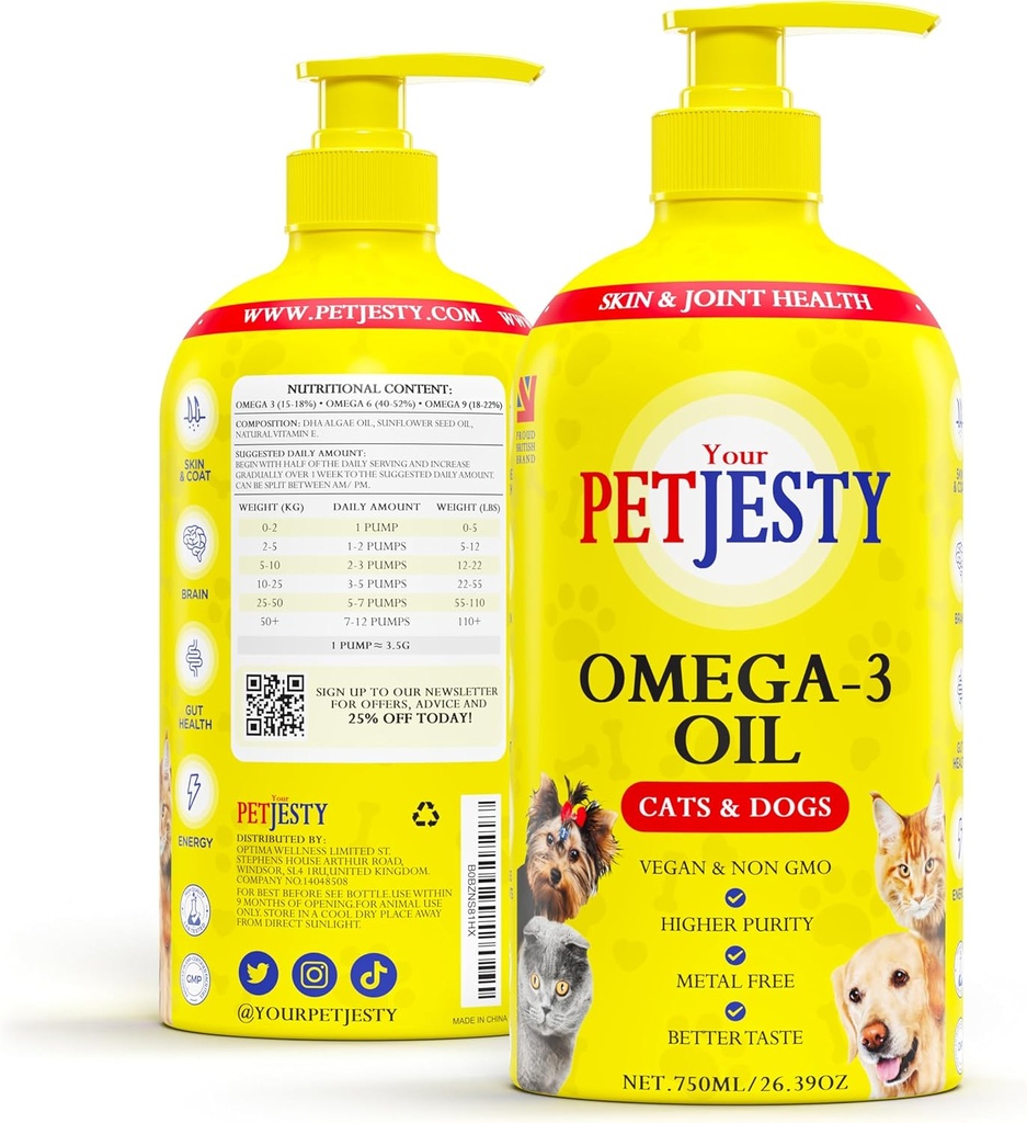 PetJesty Pure Omega 3 Oil for Dogs & Cats 26.39oz - Omega 3 Skin & Coat Support- Liquid Food Supplement for Pets - Vegan pet + DHA for Joint Function, Immune & Heart Health, Non Fish Oil Dog and Cat