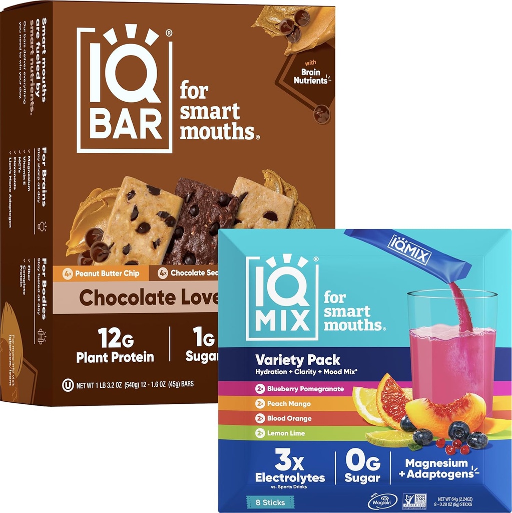 IQBAR Brain and Body Keto Protein Bars - 12 Count Chocolate Lovers Variety Low Carb, Vegan Bars & IQMIX Sugar Free Electrolyte Powder Packets - 8 Count Sampler Pack Keto Electrolytes with Lions Mane