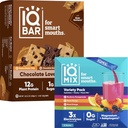IQBAR Brain and Body Keto Protein Bars - 12 Count Chocolate Lovers Variety Low Carb, Vegan Bars & IQMIX Sugar Free Electrolyte Powder Packets - 8 Count Sampler Pack Keto Electrolytes with Lions Mane