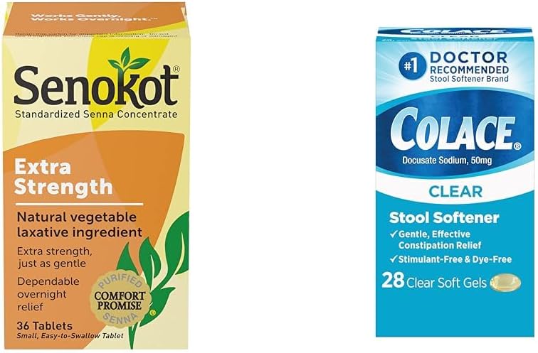 Senokot Extra Strength Natural Vegetable Laxative for Gentle Overnight Relief Occasional Constipation, 36 Count & Colace Clear Stool Softener Soft Gel Capsules Constipation Relief 50mg Docusate Sodium