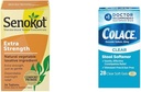 Senokot Extra Strength Natural Vegetable Laxative for Gentle Overnight Relief Occasional Constipation, 36 Count & Colace Clear Stool Softener Soft Gel Capsules Constipation Relief 50mg Docusate Sodium
