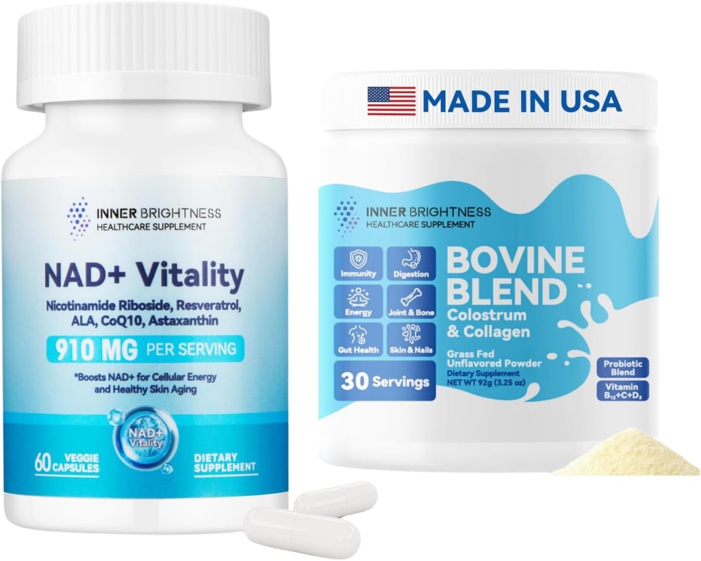 NAD+ Supplement for Women, Supports Cellular Energy + Bovine Colostrum & Collagen Powder for Gut Health, Immune Support, Hair Growth & Beauty Supplement