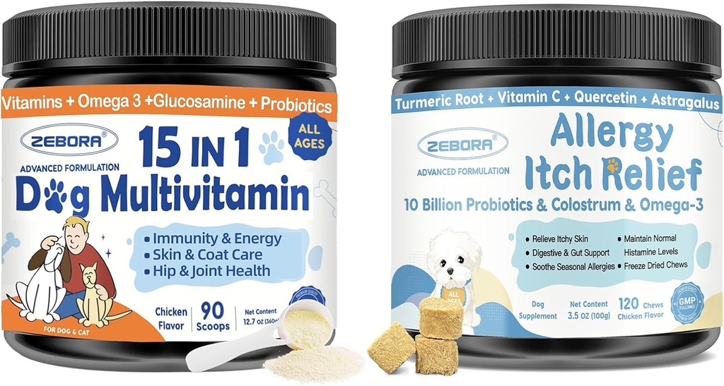 Dog Multivitamin Powder with Glucosamine, Dog Allergy Relief Chews