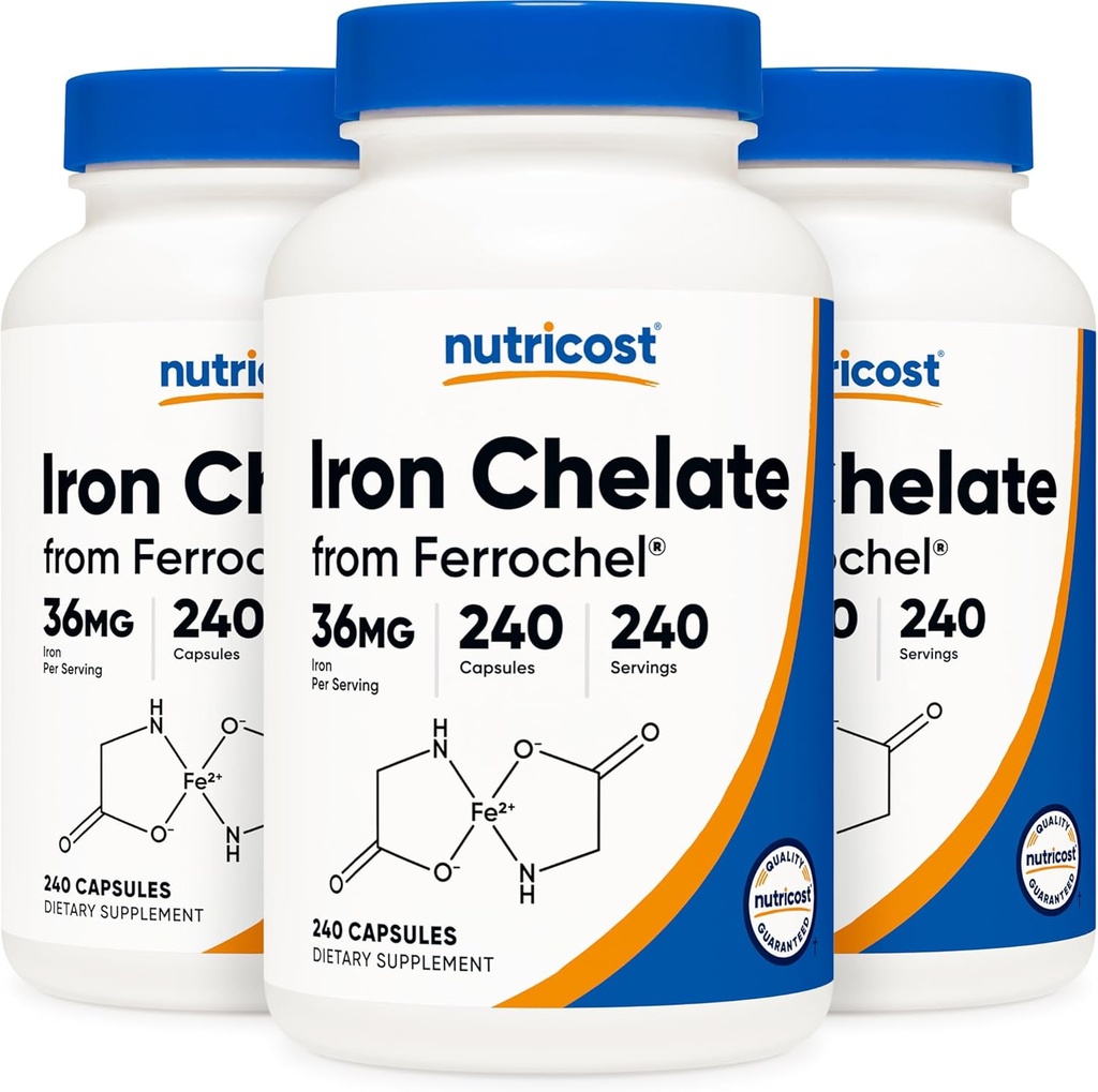 Nutricost Chelated Iron, As Ferrochel, 36mg, 240 Capsules (3 Bottles)