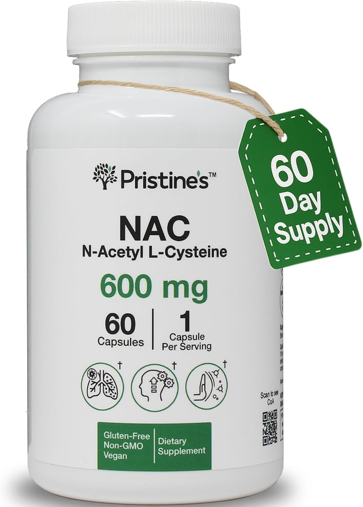 PRISTINE'S N-Acetyl L-Cysteine (NAC) Immunity, Lung, & Liver Support Supplement Capsules - 600MG 60 Day Supply - Potent Antioxidant - Vegan, Gluten Free, Non GMO