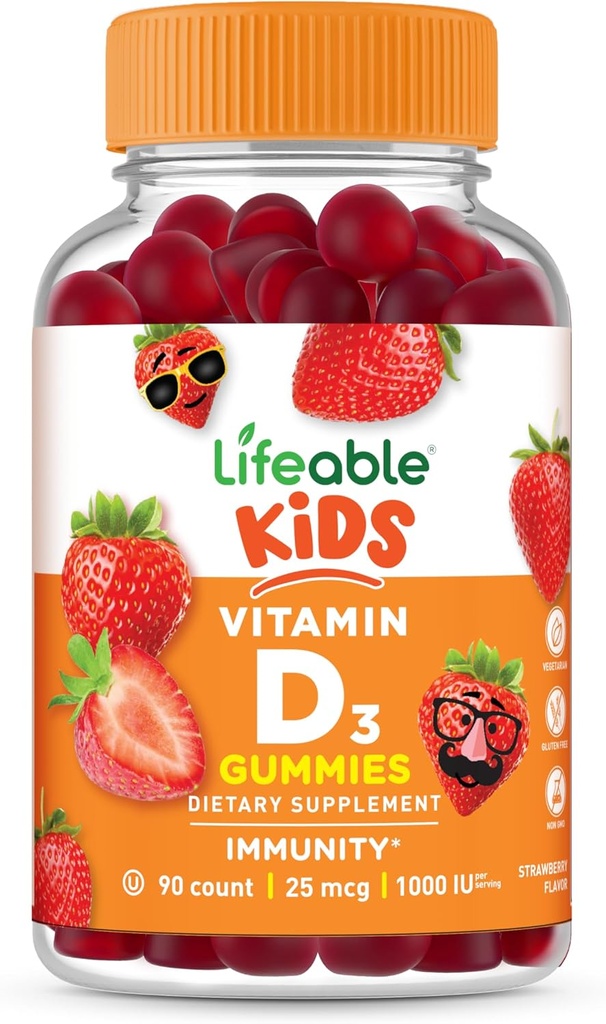 Lifeable Kids Vitamin D Gummies | Vitamin D3 1000iu | Great Tasting Vitamin D3 Gummies | D3 Vitamin for Strong Healthy Bones and Immune Support | Vitamin D for Kids, Boys, Girls | 90 Gummies