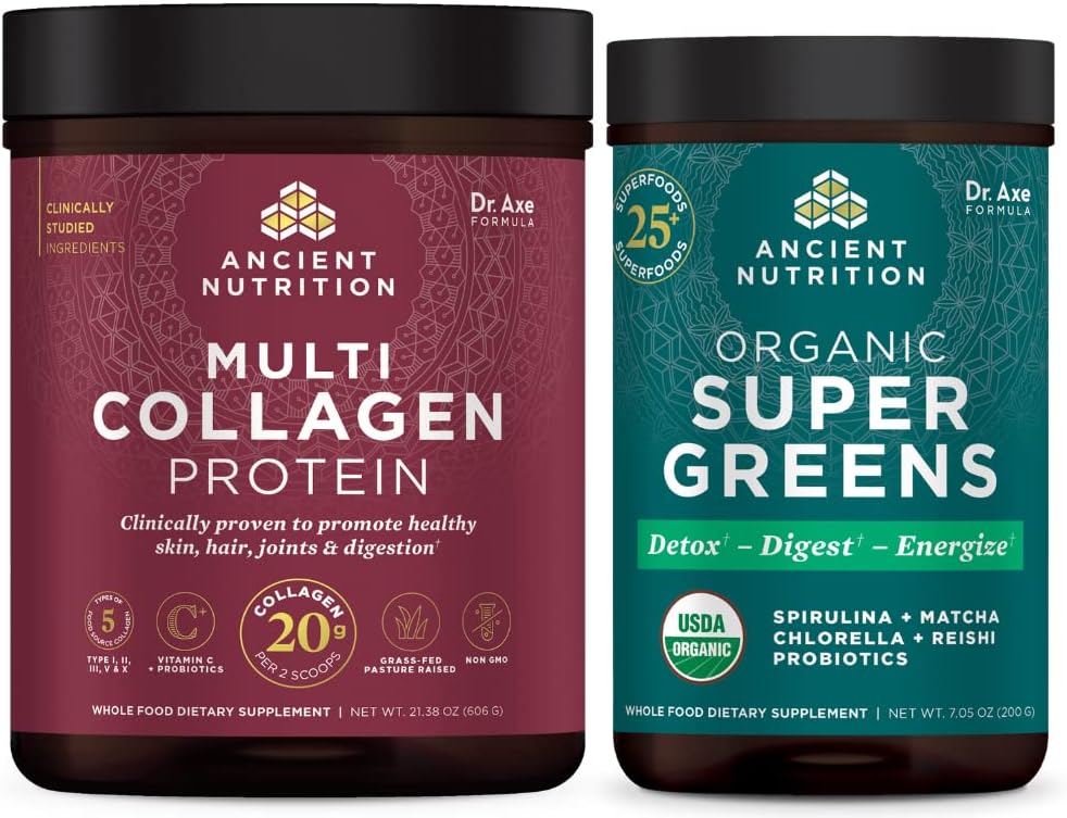 Ancient Nutrition Multi Collagen Protein Powder, Unflavored, 60 Servings + Supergreens Powder, Greens Flavor, 25 Servings