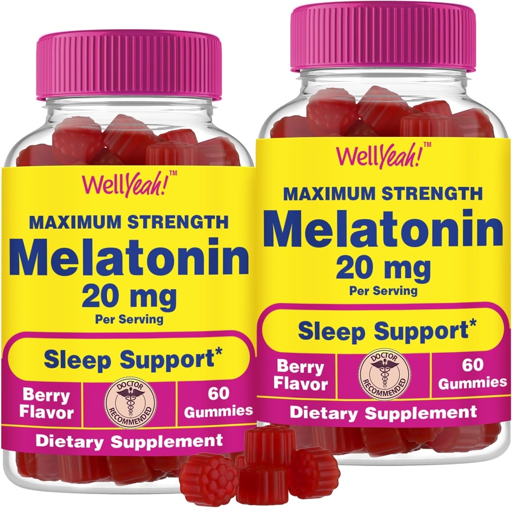 WellYeah Melatonin Gummies 20mg (2 Pack) | Sleep Support | Maximum Strength Melatonin 20mg Gummies for Adults | Fast Dissolved | Great Berry Flavor | 60 Count | Vegan, Non GMO