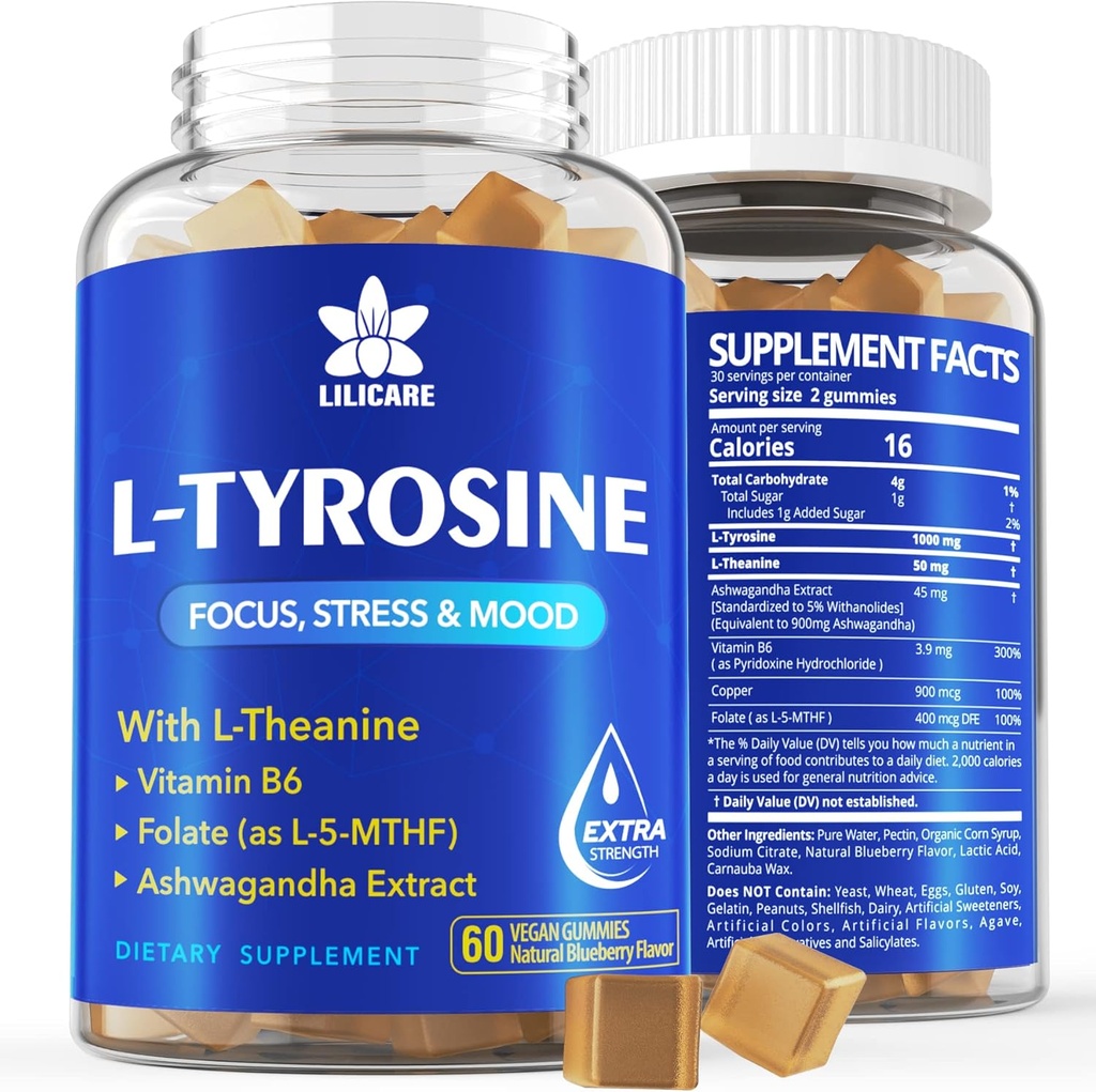 L Tyrosine Gummies 1100mg Mood Support Blend with Ashwagandha, L-Theanine, Vitamin B Complex B6, Folate B9, for Focus & Memory, Cognition & Brain Function, Energy Boost, Stress Support, Vegan 60Cts