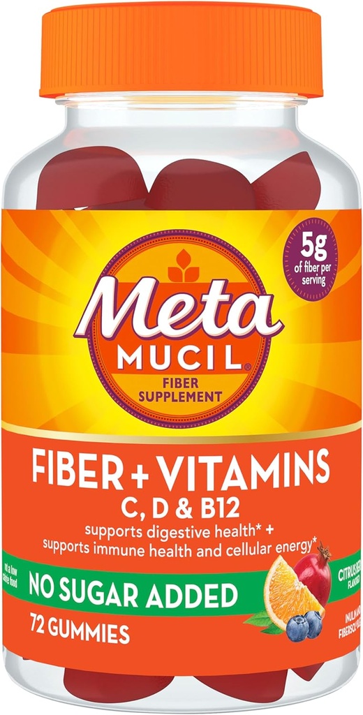Metamucil Fiber Suplement 72 Gummies, Fiber + Vitamins C,D & B12 no Sugar Added, Support Digestive healt + Support Immune Health, Citrus Berry Flavor.