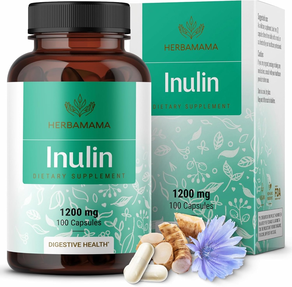 HERBAMAMA Inulin Powder Capsules 1200mg - Digestive Support & Gut Cleanse with Inulin Prebiotic Fiber - Vegan, Non-GMO Chicory Root Powder Supplement