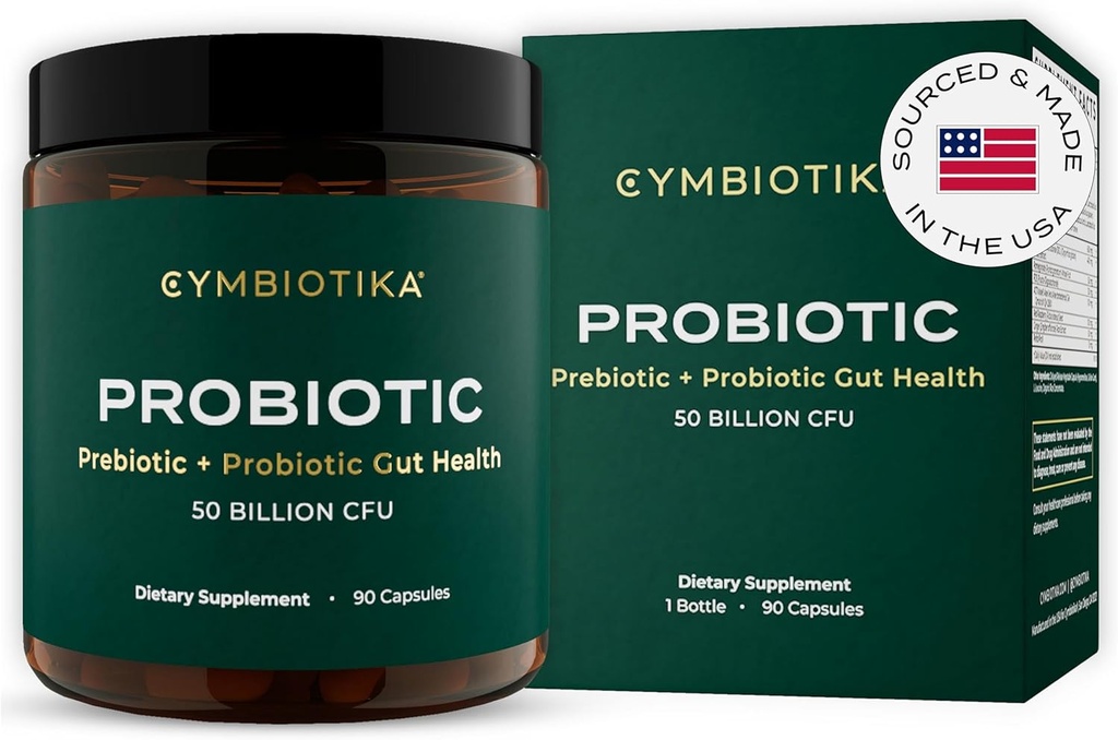 CYMBIOTIKA Probiotic + Prebiotic, 60 Billion CFU - 19 Strains, Gut Health Supplement for Women & Men, Immune Support, Digestive Health, & Gut Balance, 90 Capsules, 1 Month Supply, Made in USA