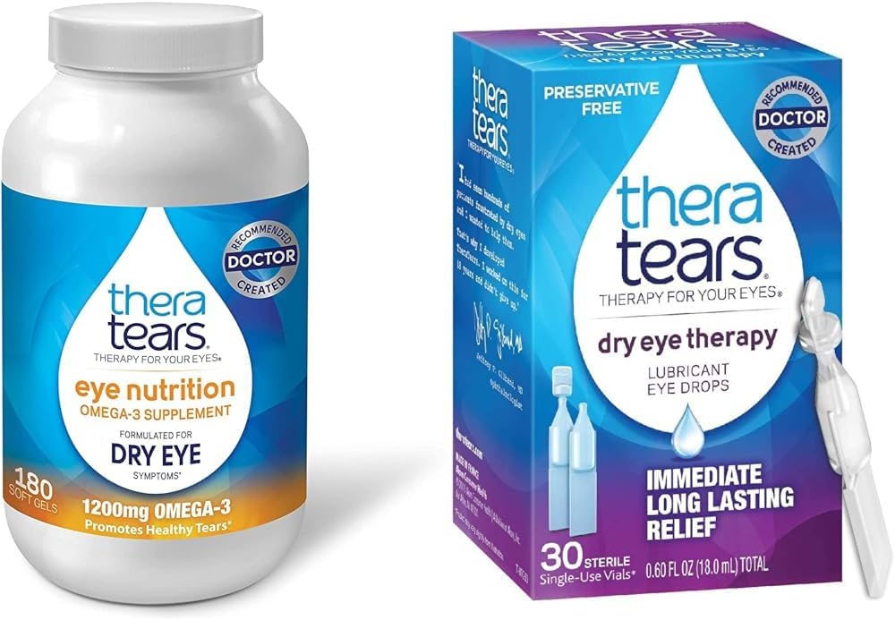 TheraTears 1200mg Omega 3 Supplement for Eye Nutrition, Organic Flaxseed Triglyceride Fish Oil & Dry Eye Therapy Lubricating Eye Drops for Dry Eyes, Preservative Free Eye Drops