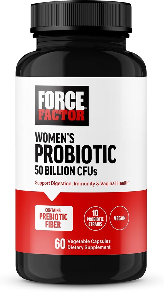 FORCE FACTOR Probiotic for Women 50 Billion CFU, Women’s Probiotic for Digestive Health, Immunity, and Vaginal Health, 10 Strains with Lactobacillus Acidophilus, Vegan, 60 Capsules