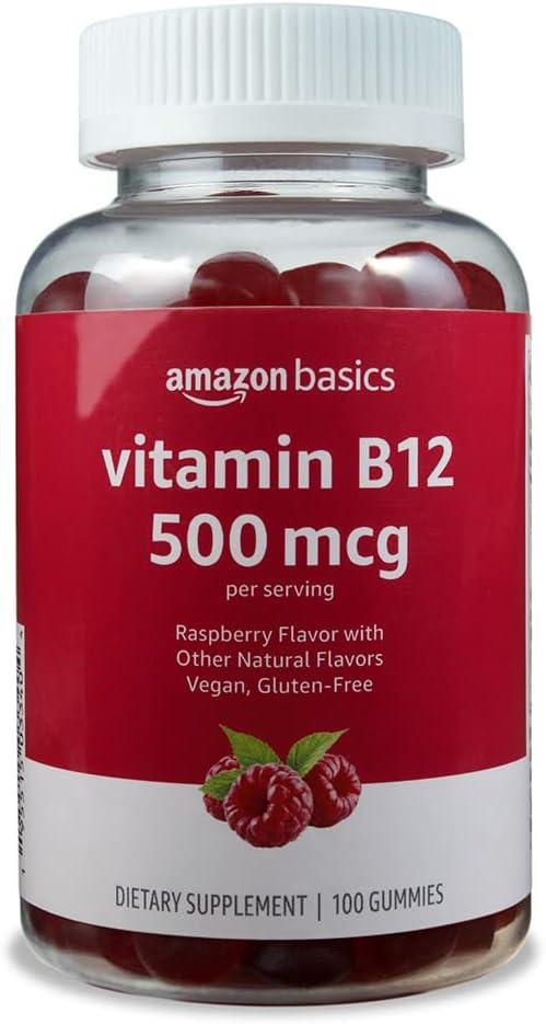 Amazon Basics Vitamin B12 500 mcg Gummies - Normal Energy Production and Metabolism, Immune System Support, Raspberry, 100 Count (2 per Serving) (Previously Solimo)