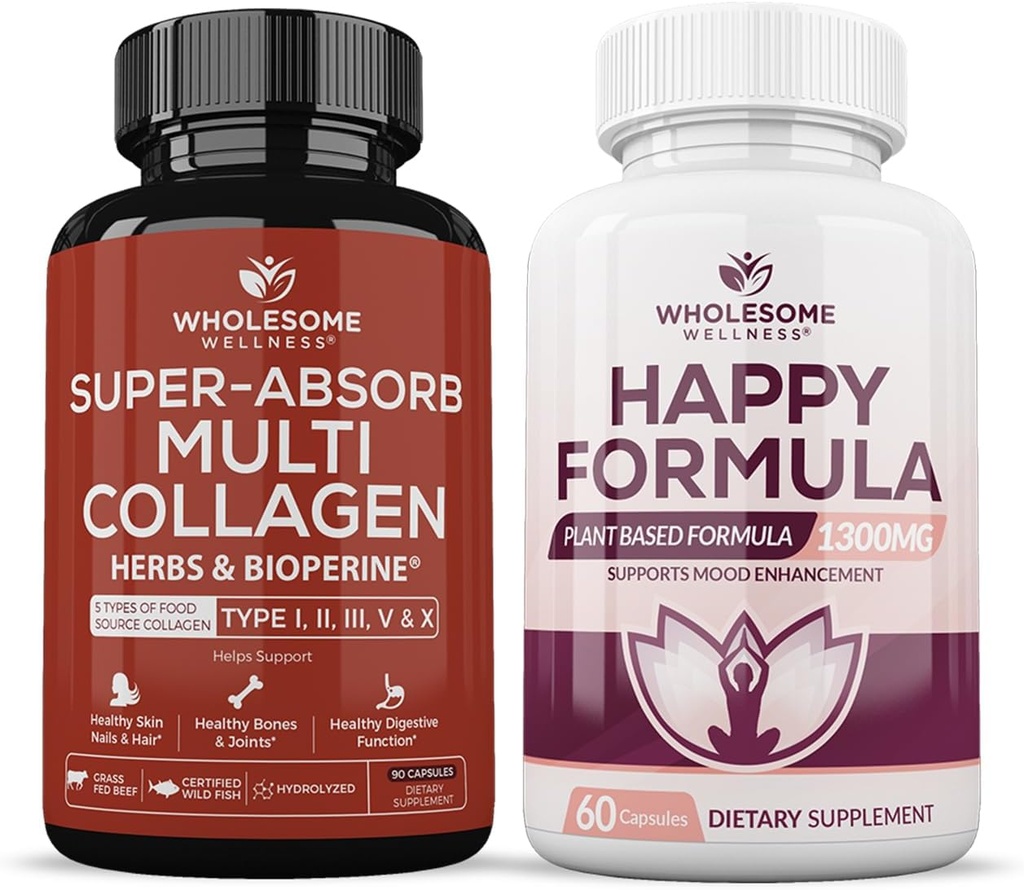 Wholesome Wellness Super-Absorb Multi Collagen Pills (Type I II III V X) Organic Herbs and Bioperine Happy Formula Natural Formula Relief Supplement Bundle