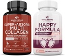 Wholesome Wellness Super-Absorb Multi Collagen Pills (Type I II III V X) Organic Herbs and Bioperine Happy Formula Natural Formula Relief Supplement Bundle