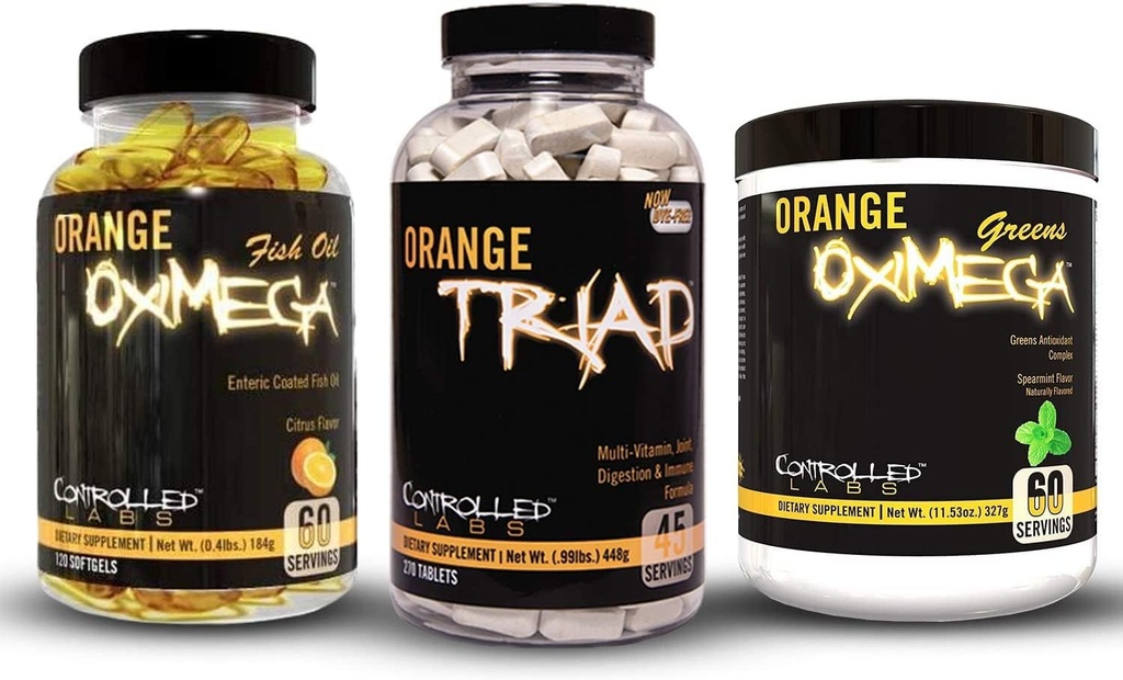 CONTROLLED LABS Bundle Includes 45 Servings of Orang Triad, Orange Oximega Greens Spearmint, and 120 Ct Orange Oximega Fish Oil Softgels