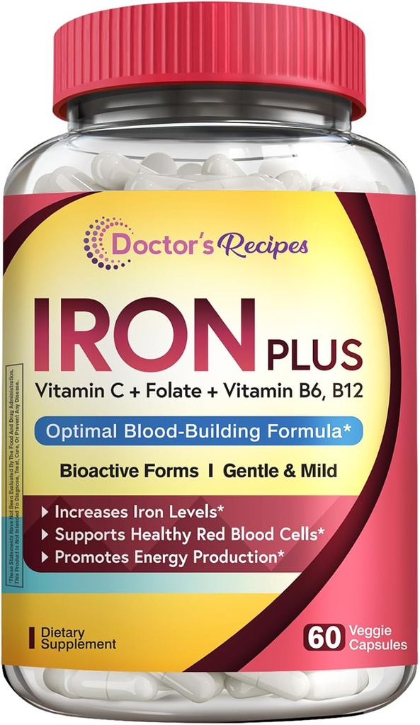 Doctor's Recipes Iron Supplement, Iron Bisglycinate with Vitamin C, B6, Folate & B12, Non-Constipating, Stomach Friendly, Gentle Iron Pills for Iron Deficiency, Blood & Energy Support, 60 Vegan Caps