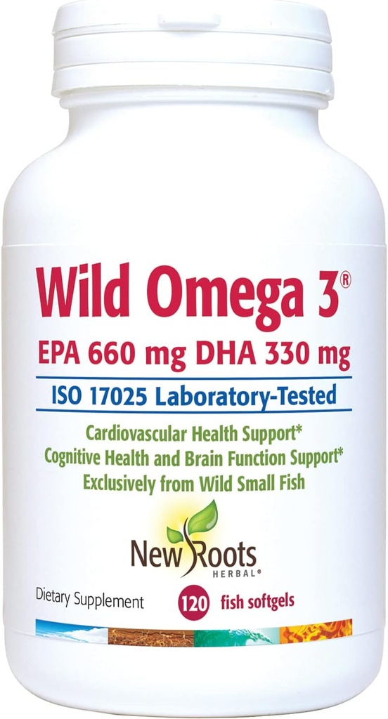 NEW ROOTS HERBAL Wild Omega-3 Fish Oil Supplement 900mg + EPA 600mg DHA 330 mg, Highest Concentration + Vitamin E (120 Softgels)
