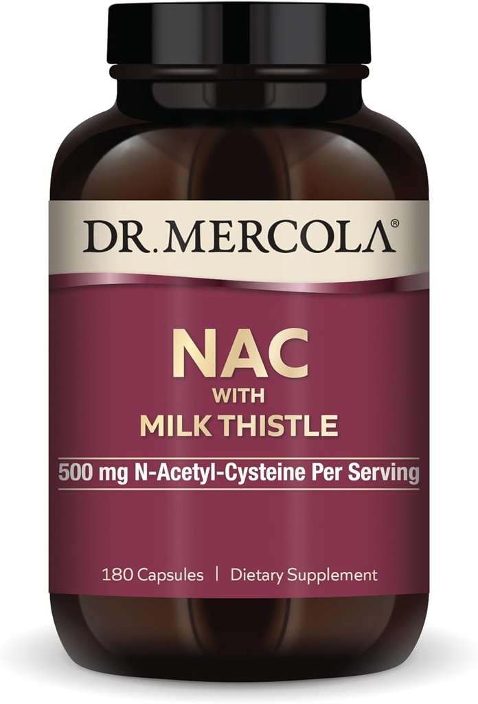 Dr. Mercola NAC with Milk Thistle, 90 Servings (180 Capsules), 500 mg N-Acetyl-Cysteine Per Serving, Dietary Supplement, Supports Normal Detoxification Processes, Non-GMO