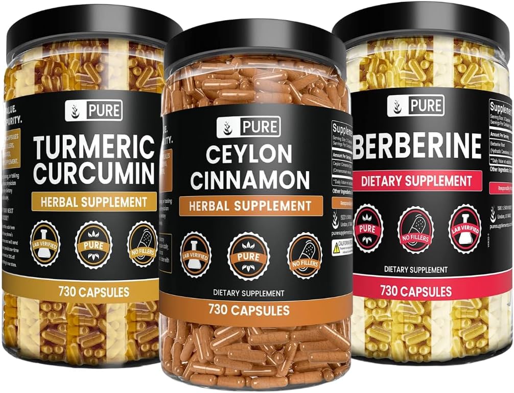 PURE ORIGINAL INGREDIENTS Ceylon Cinnamon, Berberine, and Turmeric Bundle (730 Capsules Each) No Magnesium or Rice Fillers