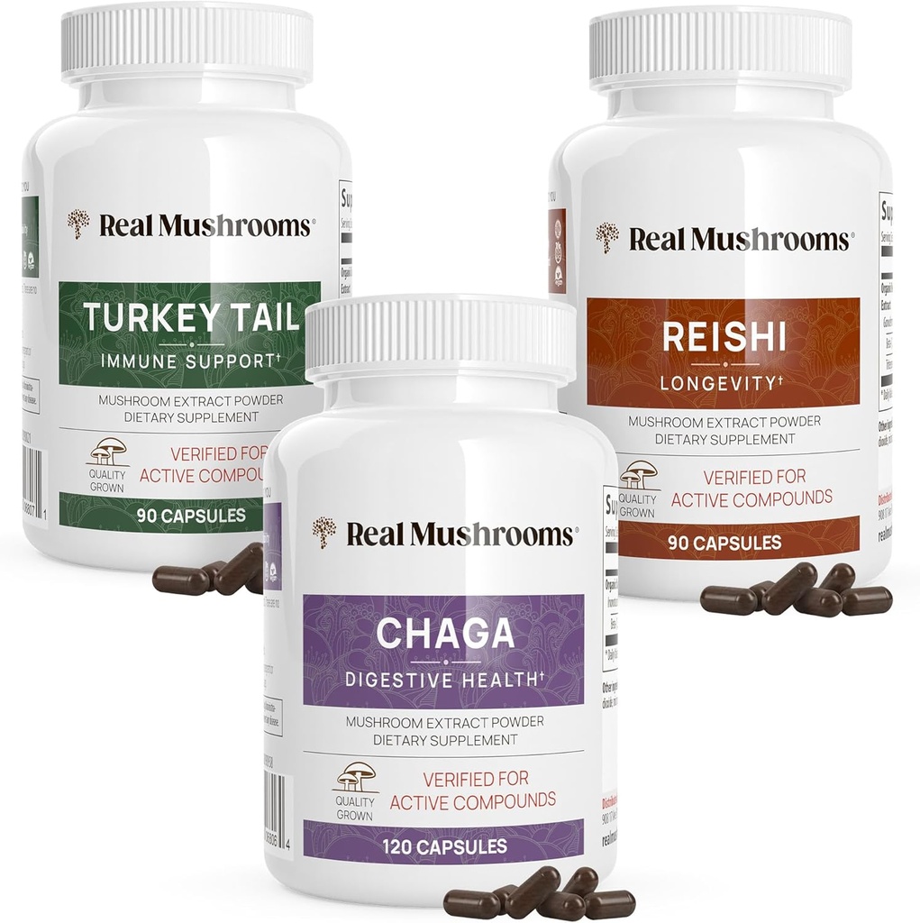 Reishi 415 Longevity Capsules (90ct), Turkey Tail Mushroom Extract Immune Support (90ct), Chaga Extract Mushroom Supplement (120 caps)
