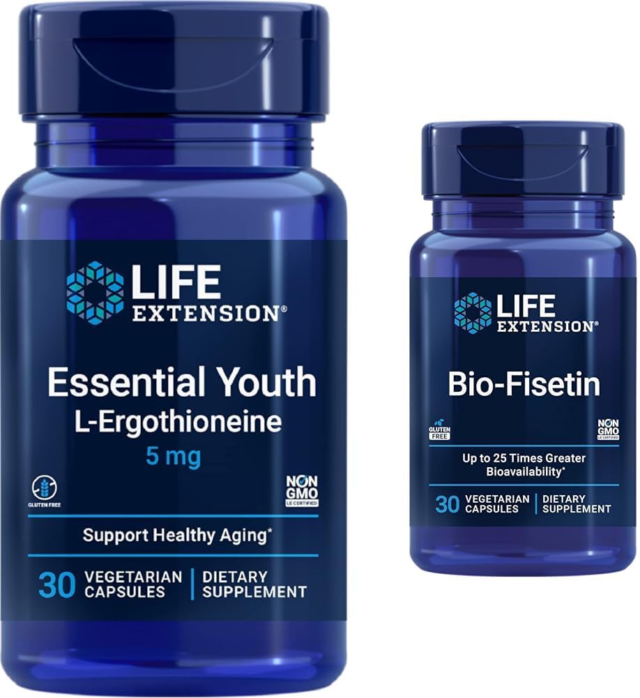 Life Extension Essential Youth L-Ergothioneine and Bio-Fisetin Cellular Health Capsules, 30 Count Each