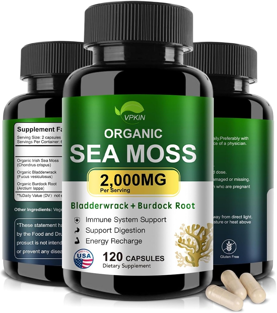 Organic Sea Moss Capsules with Bladderwrack,Burdock Root and Black Pepper Extract-Irish SeaMoss Pills 2000mg-Promotes Immune System,Thyroid Support(120 Capsules)