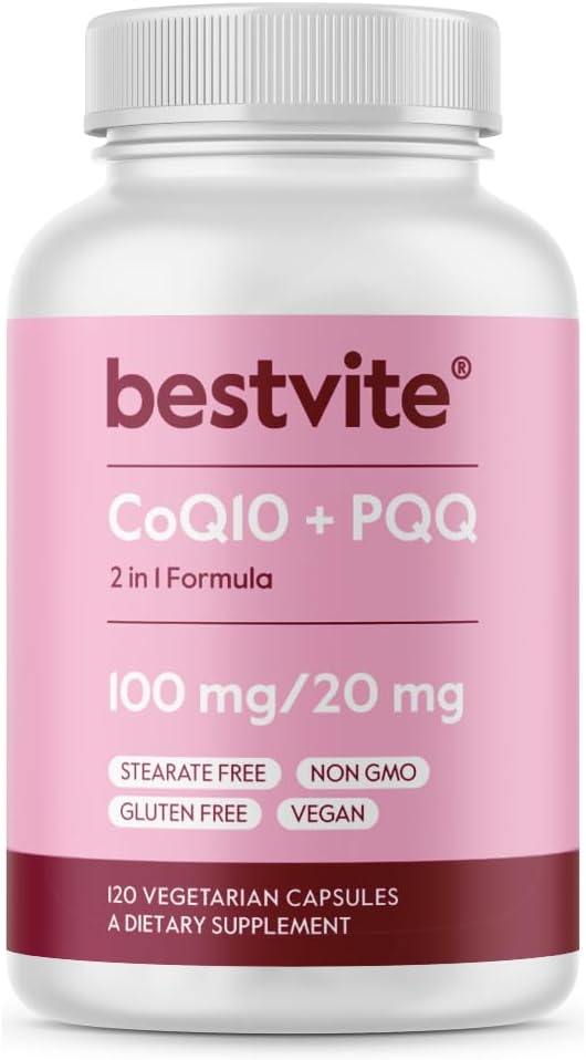 BESTVITE Coq10 100mg w/PQQ 20mg (120 Veggie Caps) - No Stearates - Vegan - Non GMO - Gluten Free - Coq10 with PQQ