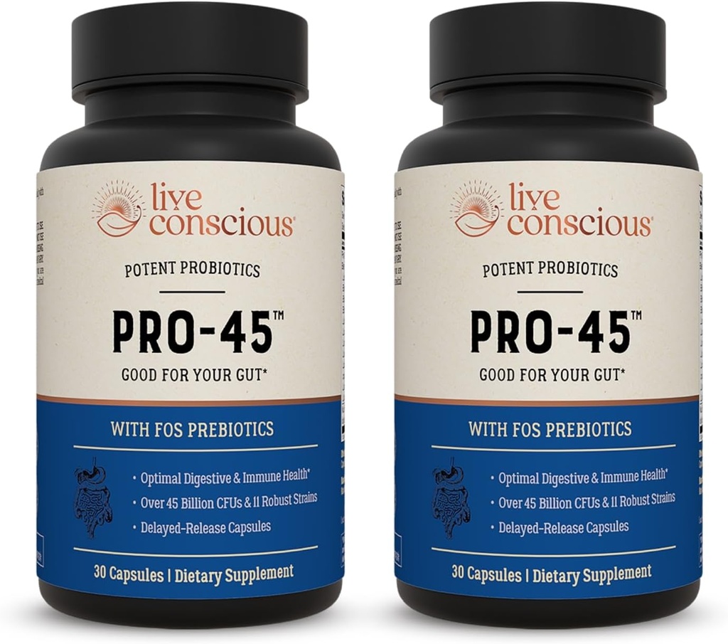 Live Conscious PRO45: Probiotic Formula, 45 Billion CFU, 11 Comprehensive strains. Dairy Free. Delayed Release Veggie caps. Promotes Immune and Digestive Health. 60 Capsules (2-Pack)