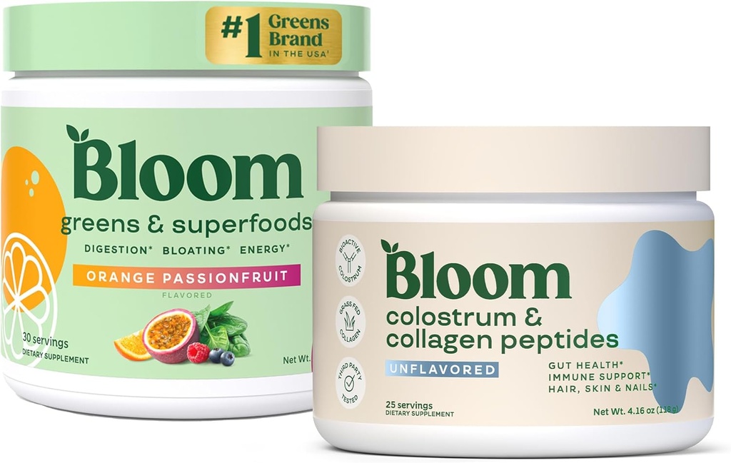 Bloom Nutrition Superfood Greens Powder, Digestive Enzymes with Probiotics and Prebiotics, Gut Health, Bloating Relief, Orange Passionfruit + Bovine Colostrum Powder | Pure 40% IgG Premium Colostrum